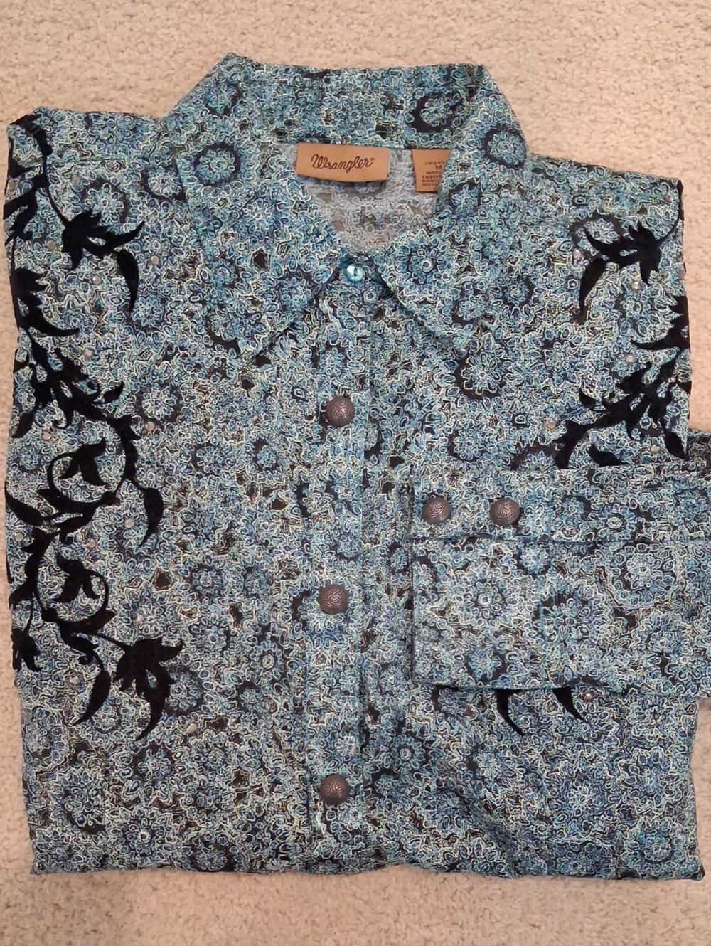 Teal Black Medalion Print Western Velvet Rhinstone Blouse Womens Medium
